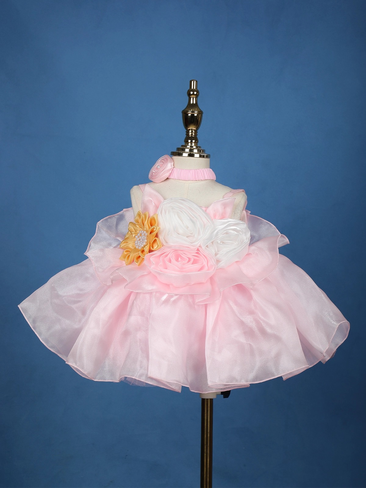 Pink Floral Embellished Satin Organza Party Frock With Oversized Rosette Design