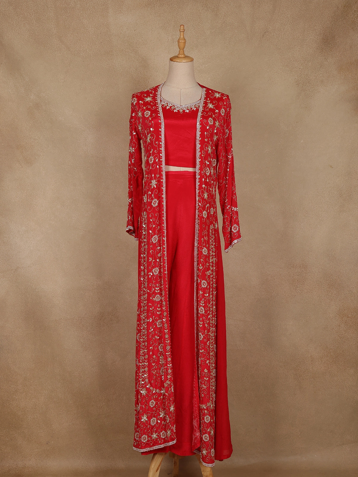 Pink Floral Embroidered Chiffon Palazzo Suit with Jacket