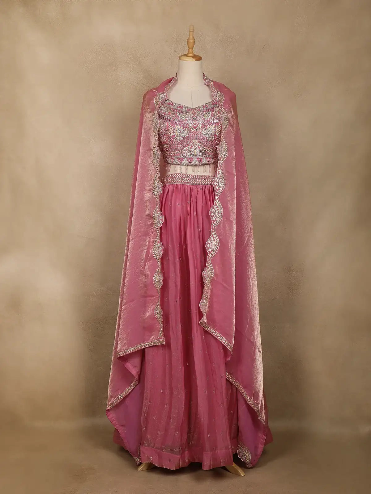 Pink Floral Embroidered Design Organza Lehenga