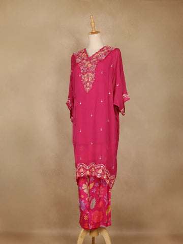 Pink Floral Embroidered Georgette Kaftan Suit - Diadem