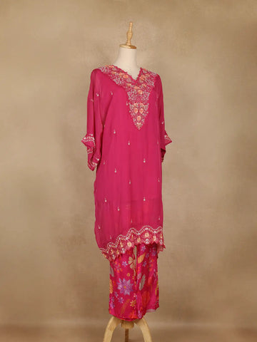 Pink Floral Embroidered Georgette Kaftan Suit - Diadem