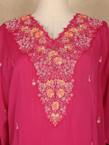 Pink Floral Embroidered Georgette Kaftan Suit - Diadem