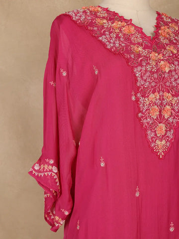 Pink Floral Embroidered Georgette Kaftan Suit - Diadem