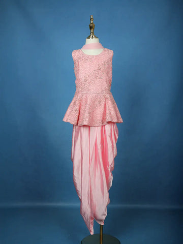 Pink Floral Embroidered Satin Kids Patiala Salwar Suit - Diadem