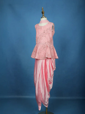Pink Floral Embroidered Satin Kids Patiala Salwar Suit - Diadem