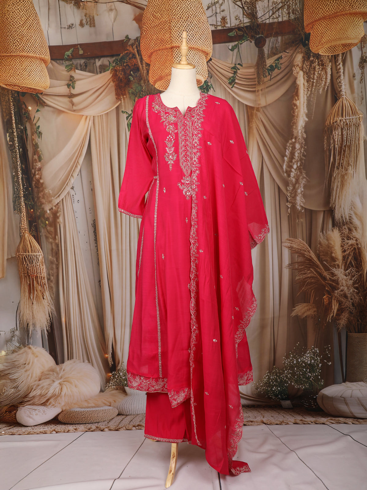 Pink Floral Embroidered Raw Silk Salwar Suit with Matching Dupatta