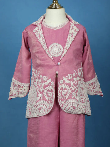 Pink Floral Embroidered Shimmer Kids Palazzo Suit With Jacket - Diadem