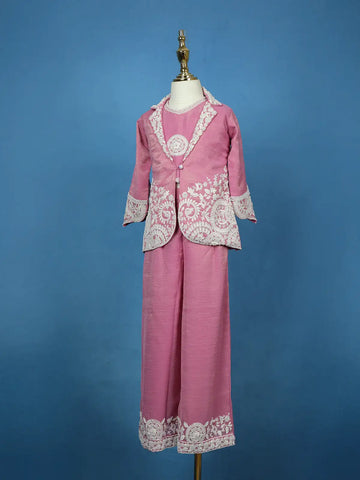 Pink Floral Embroidered Shimmer Kids Palazzo Suit With Jacket - Diadem
