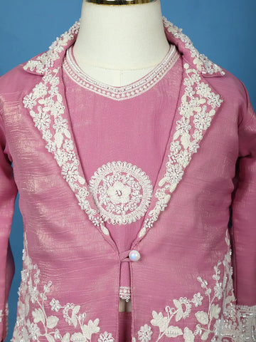 Pink Floral Embroidered Shimmer Kids Palazzo Suit With Jacket - Diadem