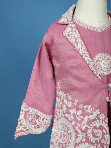Pink Floral Embroidered Shimmer Kids Palazzo Suit With Jacket - Diadem