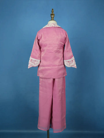 Pink Floral Embroidered Shimmer Kids Palazzo Suit With Jacket - Diadem