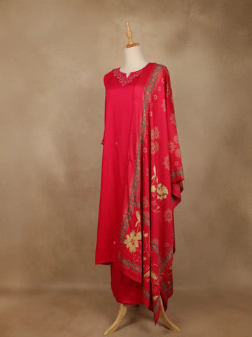Pink Floral Embroidered Silk Salwar Suit With Printed Dupatta - Diadem