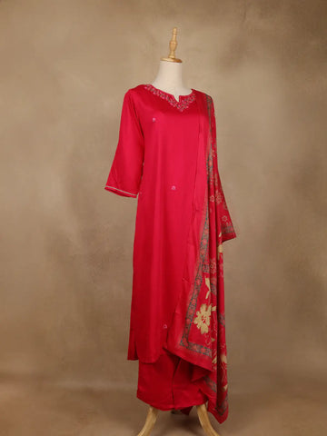Pink Floral Embroidered Silk Salwar Suit With Printed Dupatta - Diadem