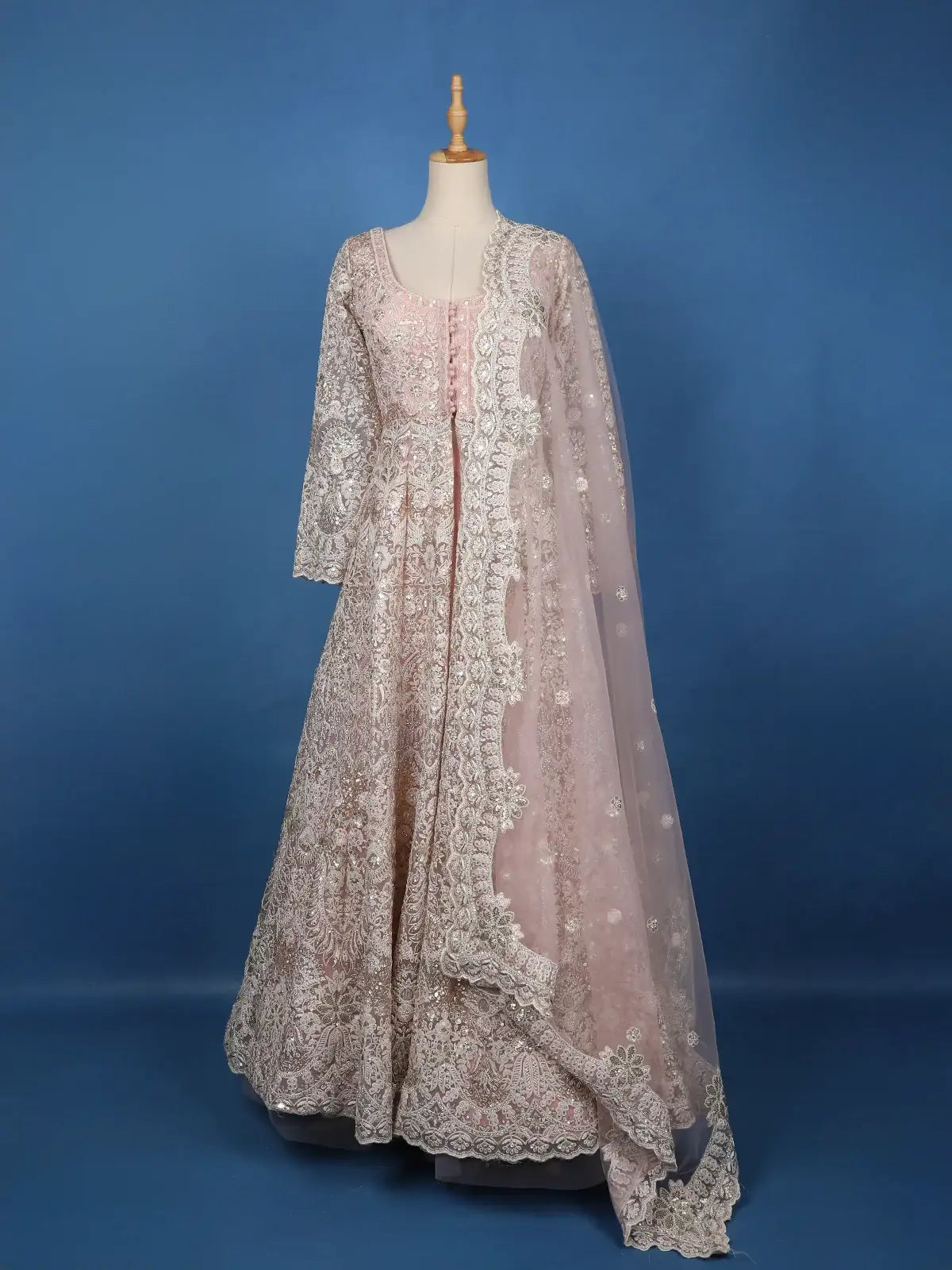 Pink Floral Embroidery Net Lehenga - Diadem