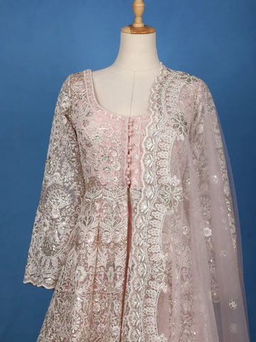 Pink Floral Embroidery Net Lehenga - Diadem