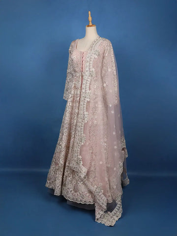 Pink Floral Embroidery Net Lehenga - Diadem