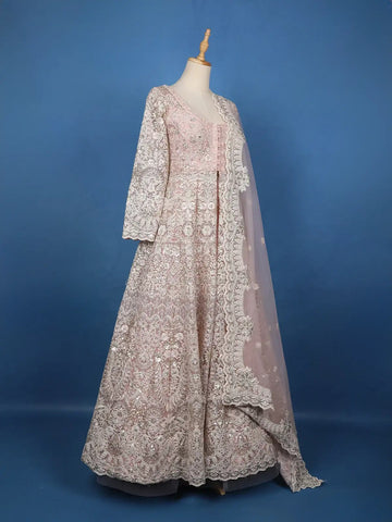 Pink Floral Embroidery Net Lehenga - Diadem