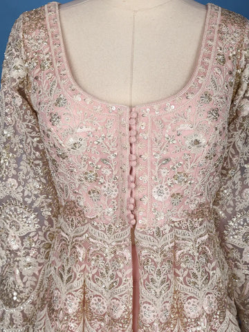 Pink Floral Embroidery Net Lehenga - Diadem