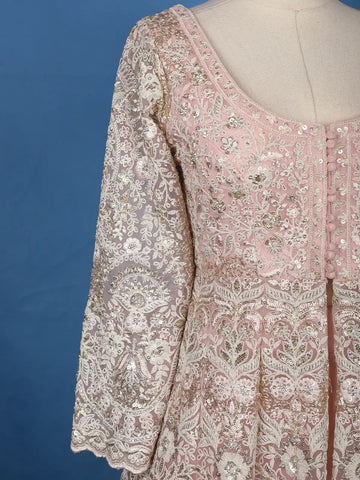 Pink Floral Embroidery Net Lehenga - Diadem