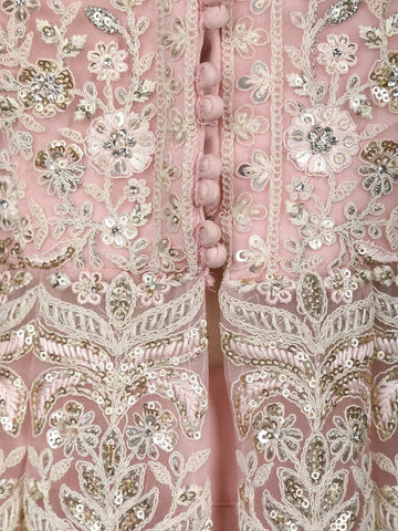 Pink Floral Embroidery Net Lehenga - Diadem