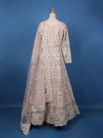 Pink Floral Embroidery Net Lehenga - Diadem