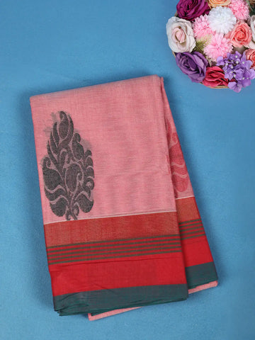 Light Pink Floral Motif Design Cotton Saree With Red Contrast Border - Diadem