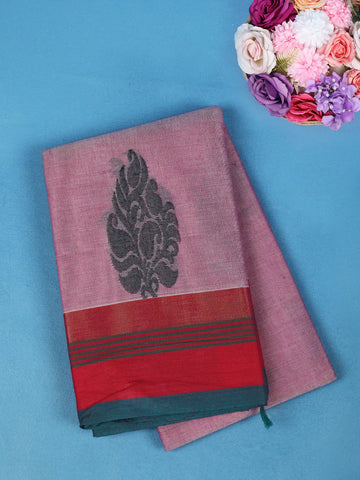 Pink Floral Motif Design Cotton Saree With Red Contrast Border - Diadem