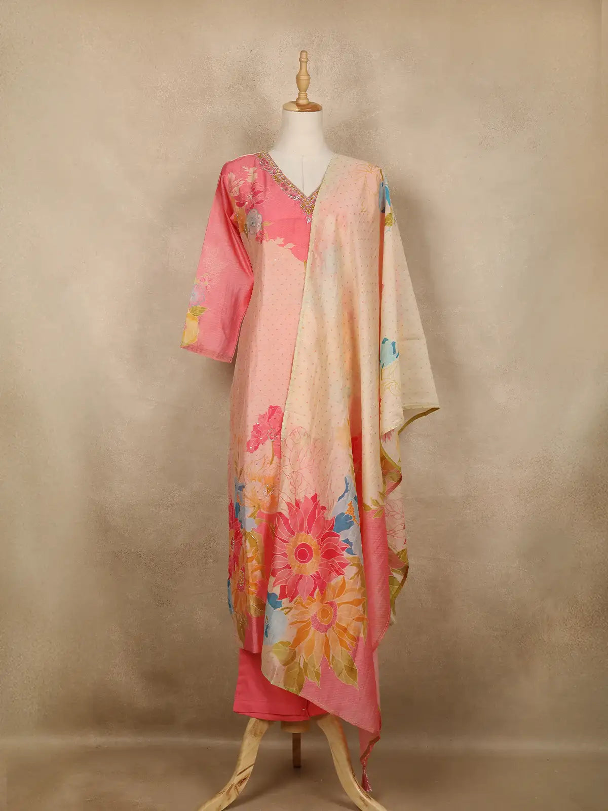 Pink Floral Printed Cotton Salwar Suit - Diadem