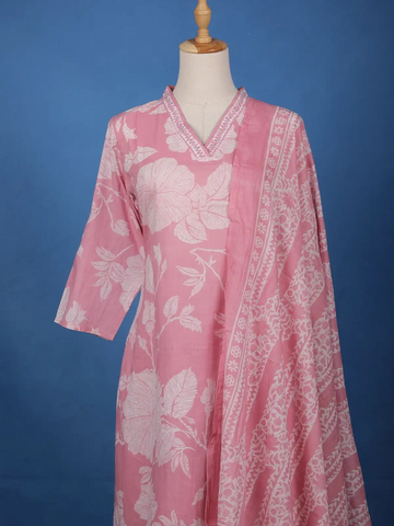 Pink Floral Printed Cotton Salwar Suit - Diadem