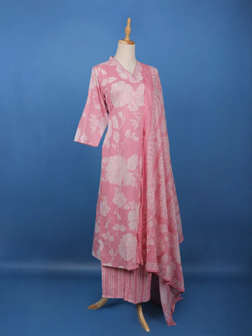 Pink Floral Printed Cotton Salwar Suit - Diadem
