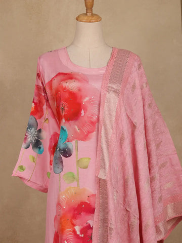 Pink Floral Printed Cotton Salwar Suit With Dupatta - Diadem