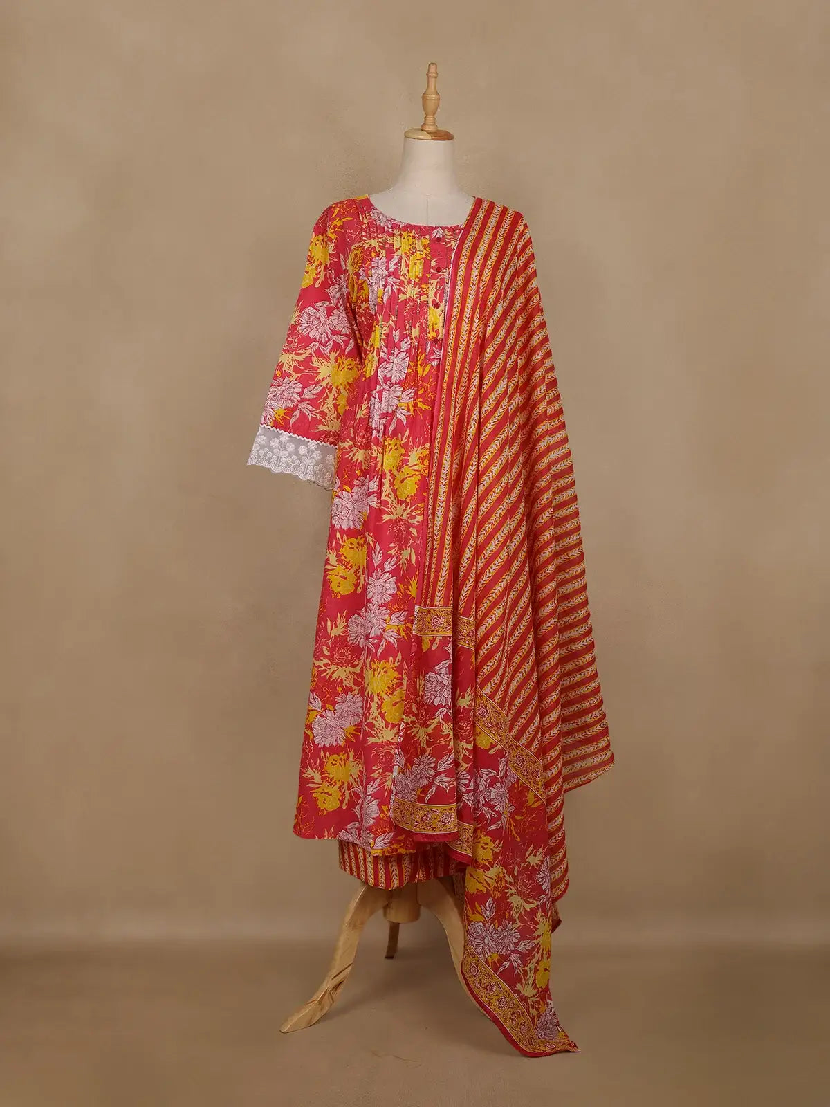 Pink Floral Printed Cotton Salwar Suit With Dupatta - Diadem