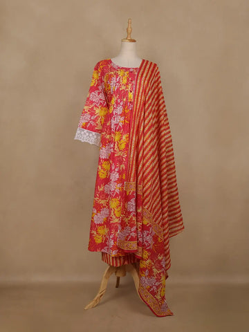Pink Floral Printed Cotton Salwar Suit With Dupatta - Diadem