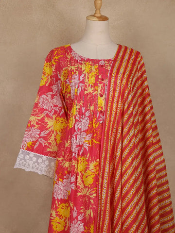 Pink Floral Printed Cotton Salwar Suit With Dupatta - Diadem