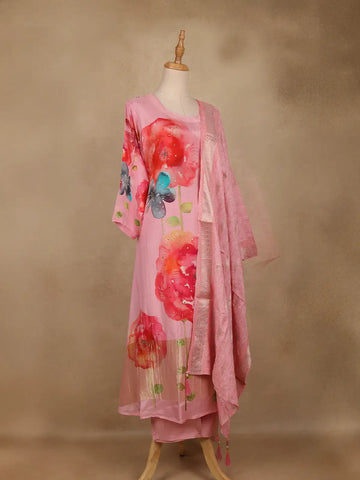 Pink Floral Printed Cotton Salwar Suit With Dupatta - Diadem