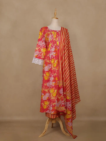 Pink Floral Printed Cotton Salwar Suit With Dupatta - Diadem