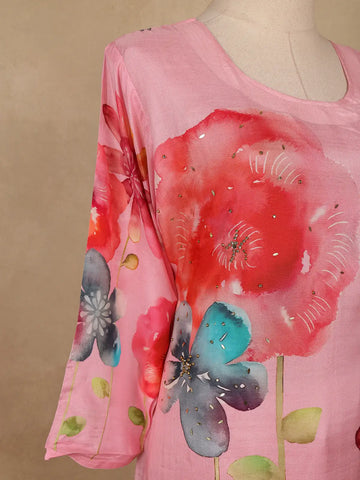 Pink Floral Printed Cotton Salwar Suit With Dupatta - Diadem