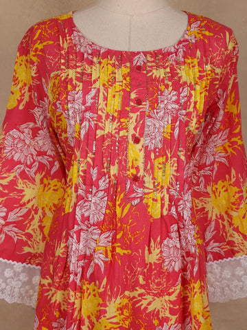 Pink Floral Printed Cotton Salwar Suit With Dupatta - Diadem