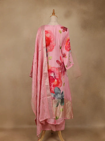 Pink Floral Printed Cotton Salwar Suit With Dupatta - Diadem