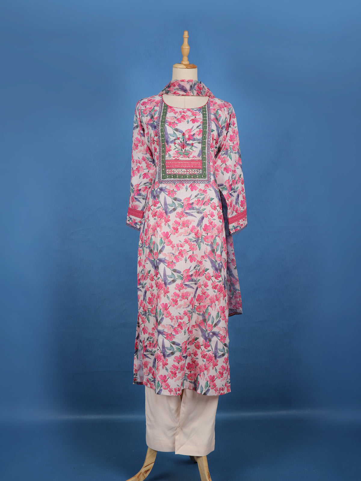 Pink Floral Printed Cotton Straight-Cut Salwar Suit