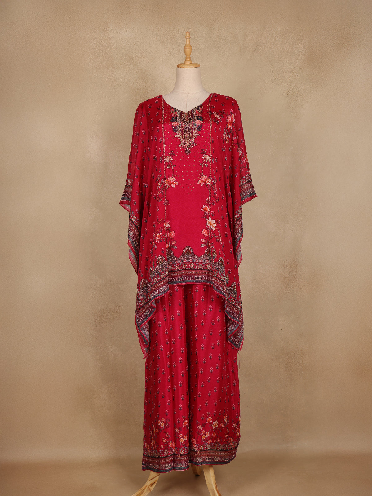 Pink Floral Printed Design Crepe Kaftan Suit