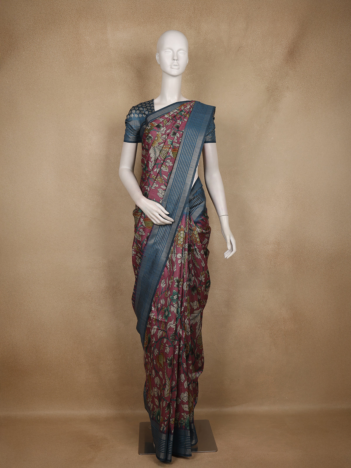 Pink Floral Printed Design Semi Tussar Saree with Blue Border