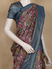 Pink Floral Printed Design Semi Tussar Saree with Blue Border