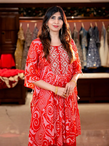 Pink Floral Printed Kaftan-style Crepe Salwar suit - Diadem