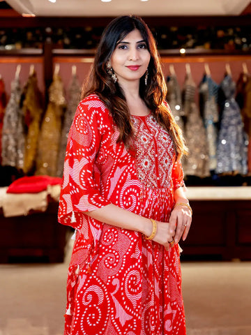 Pink Floral Printed Kaftan-style Crepe Salwar suit - Diadem