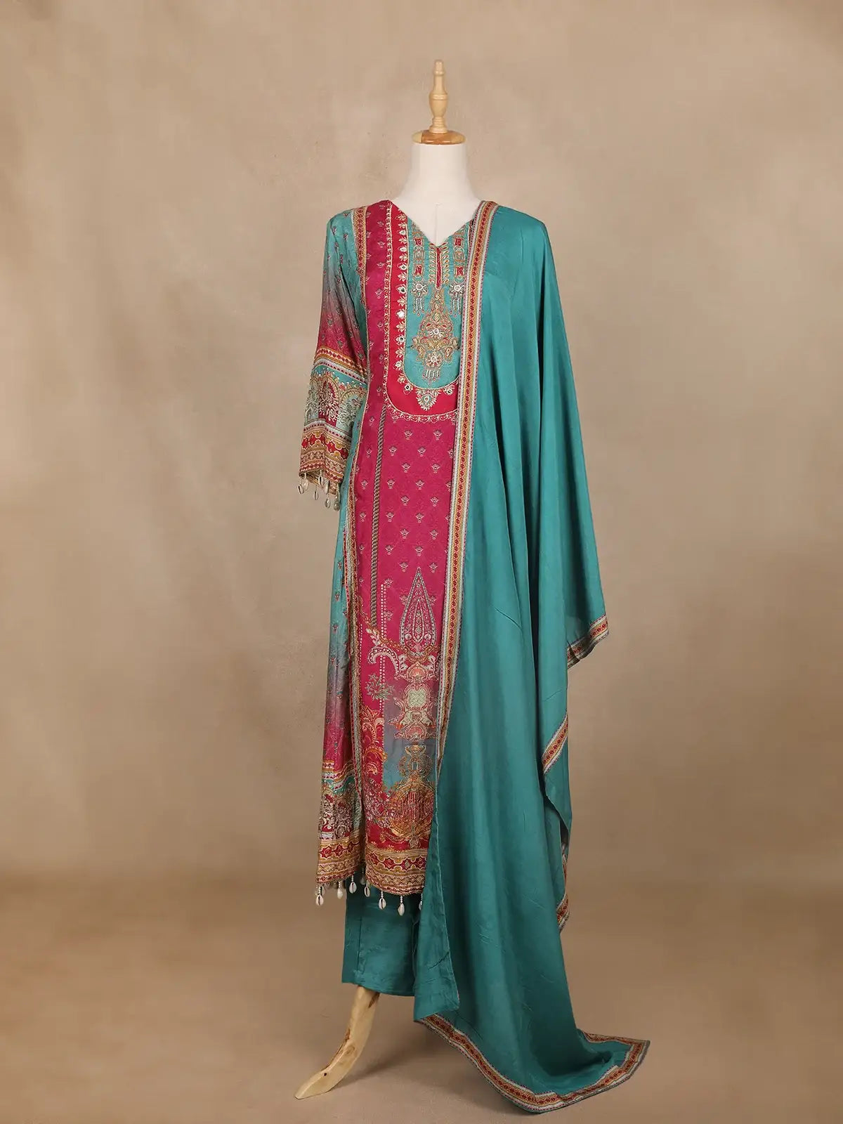 Pink Floral Printed Synthetic Salwar Suit - Diadem