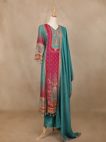 Pink Floral Printed Synthetic Salwar Suit - Diadem