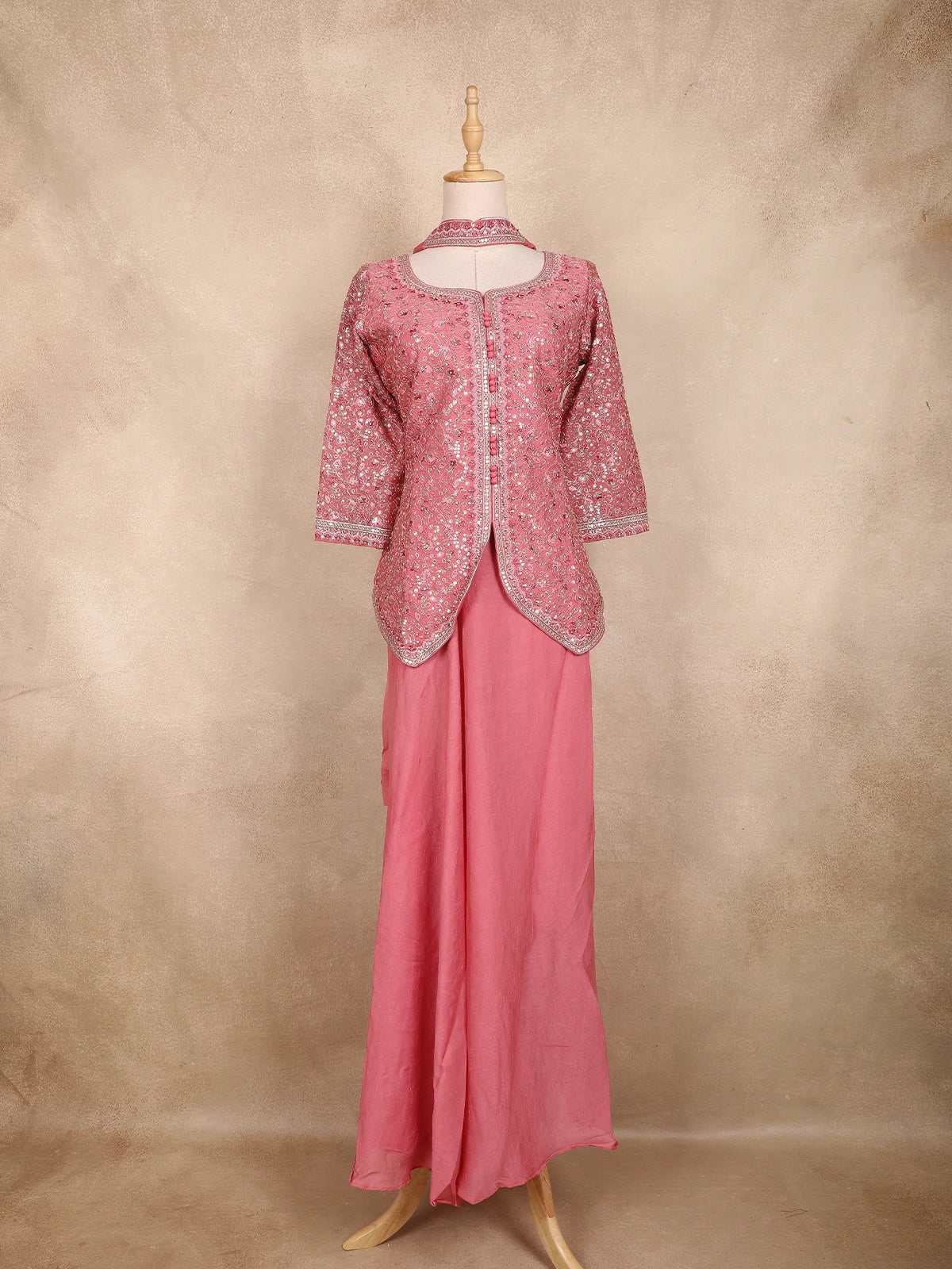 Pink Floral Sequins Embroidered Georgette Peplum Palazzo Suit with Choker Dupatta