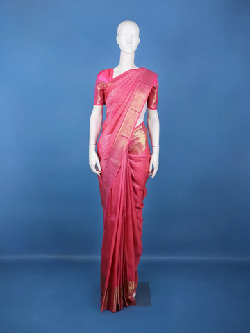 Pink Floral Woven Pure Kanchipuram Silk Saree - Diadem