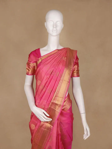 Pink Floral Woven Pure Kanchipuram Silk Saree With Zari Border - Diadem
